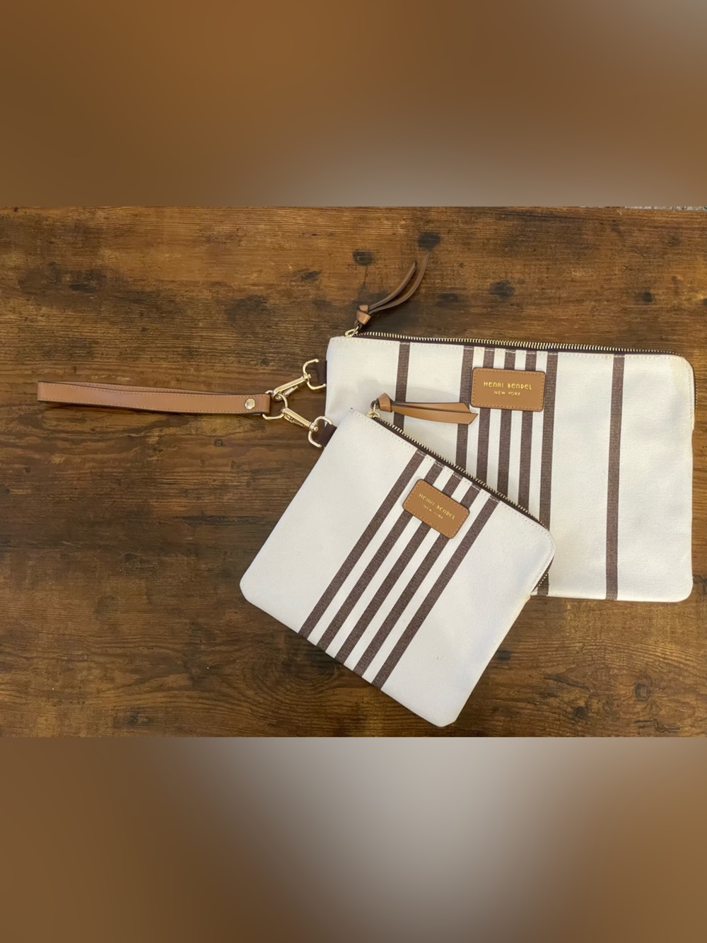 henri bendel White and Brown Striped Wristlet Set